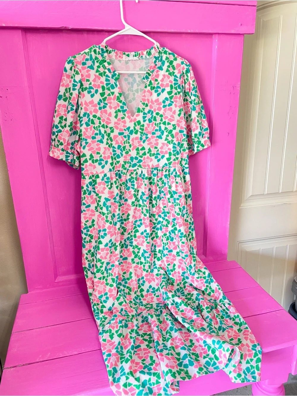 Floral Pink & Green Maxi Dress - V-Neck, Short Sleeve - Picture 1 of 3